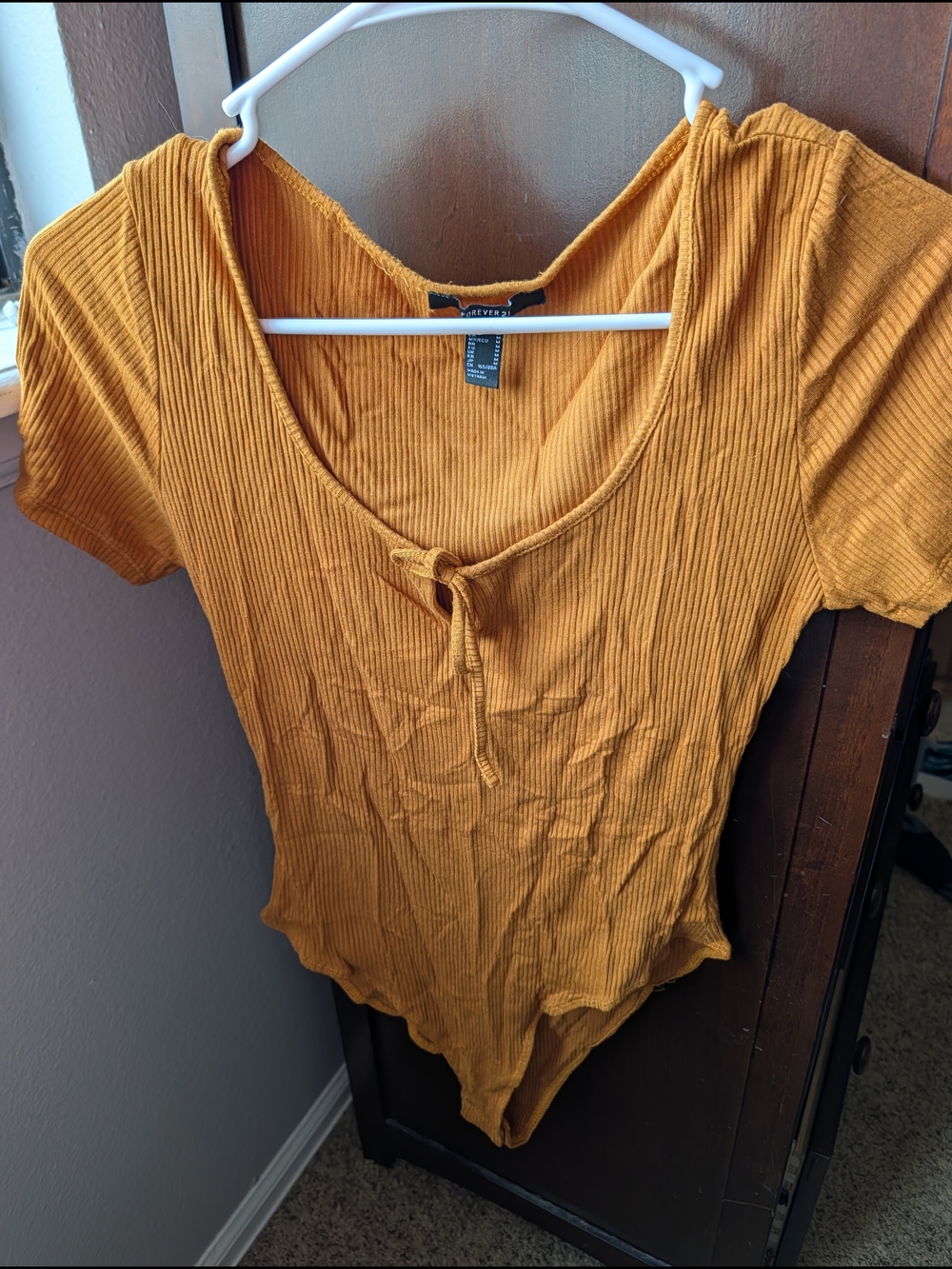 Forever 21 Ribbed Tie-Front Short-Sleeve Bodysuit in Mustard